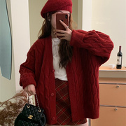 圣诞新年红色毛衣外套女秋冬季2023慵懒风针织开衫高级感