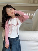 韩国波拉童装W家女童T恤2023秋甜酷短装字母儿童上衣长袖t牛仔裤