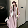 韩国粉紫色褶皱长袖连衣裙女早秋季法式温柔风气质宽松A字娃娃裙