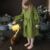 女童绿色棉麻长袖连衣裙可爱女宝宝设计款口袋可调节绑带裙子