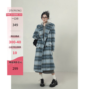 2toyoung条纹舞曲蓝色格纹毛呢，大衣女冬季中长款呢子，上衣外套