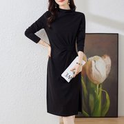 针织春秋气质显瘦直筒，设计长款打底纯色，黑色长袖中长裙连衣裙