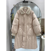 韩国中长款羽绒服女冬季韩系温柔羊羔毛领拼接收腰白鸭绒外套