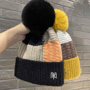 拼色毛线帽子女冬季加绒加厚保暖护耳帽韩国时尚，大毛球针织帽冷帽