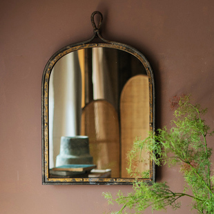 掬涵弧镜子铁艺复古装饰化妆洗脸卫生间客厅镜花窗做旧试衣镜