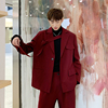 复古酒红色英伦小西装，男宽松帅气韩国设计感个性外套时尚休闲西服