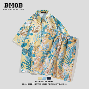 bmob夏威夷海边度假沙滩套装夏季薄短袖，衬衫男宽松休闲五分中裤子