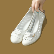 头层牛皮夏季护士鞋白色坡跟，圆头凉鞋牛筋，底舒适牛皮单鞋工作女鞋