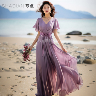 薰衣草紫色连衣裙短袖雪纺，长裙收腰显瘦浪漫法式度假裙，海边沙滩裙