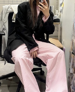 uniquesei小众设计个性粉色，条纹简约松紧高腰，休闲宽松百搭长裤