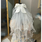白色新娘头纱2024主婚纱头饰蓬蓬纱领证登记法式结婚摄影拍照道具