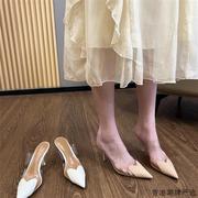 香港仙女风性感爱心透明包头半拖鞋女2024尖头细跟高跟鞋凉鞋