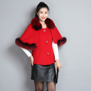 秋冬狐狸毛领斗篷，短款毛呢外套轻奢羊毛呢大衣女红色披肩上衣