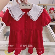韩国童装23年夏款女童白色大翻领，红色可爱公主，连衣裙娃娃裙k二