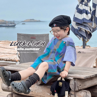 LUCKI KIDS韩国童装2024男童中小童条纹牛仔背带裤紫色短袖T恤