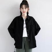韩国2024年春秋黑色衬衫女休闲宽松中长款长袖衬衣复古薄外套