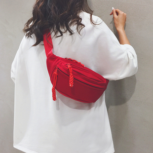 红色胸包女日系时尚帆布小挎包，休闲百搭运动腰包，单肩背包斜挎包潮