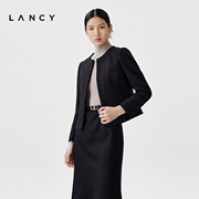 lancy朗姿春季黑色羊毛，圆领小香风短外套，法式修身收腰上衣女