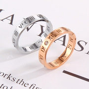 欧美18k玫瑰金钛钢罗马数字戒指 镶钻镂空情侣男女款字母戒指