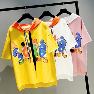 夏季韩版宽松版蝙蝠袖卡通印花T恤女学生上衣短袖拼接连帽衫