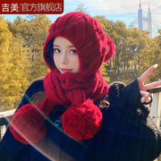 新年礼物红色帽子女款，冬季韩版百搭连帽围巾一体，手工钩针织毛线帽