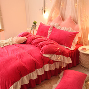 韩式牛奶绒床上四件套公主风花边，床裙式双面加绒纯色被套床单床品