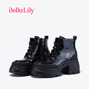 bellalily秋季粗跟牛皮短靴，女休闲马丁靴，英伦风机车靴子