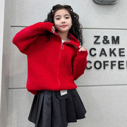 儿童时尚红色毛衣洋气女孩，过年装2024女童拉链韩版中大童毛衣