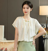 国风真丝衬衫女新中式圆领盘扣短袖，桑蚕丝上衣设计感小众洋气小衫