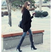 韩国2023年春秋季中长款针织开衫，女宽松慵懒风，披肩蝙蝠袖毛衣外套