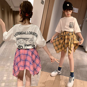 女童夏装套装2024年韩版中大童时髦套裙短袖格子裙休闲两件套