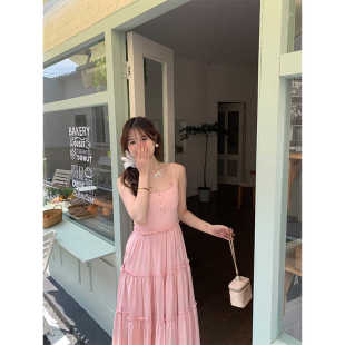 小个子粉色吊带裙女夏季甜美温柔风连衣裙气质仙，女裙高腰显瘦长裙