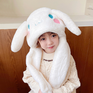 小兔子耳朵会动儿童帽子冬季女孩，男童毛绒围巾，连帽一体防风雷锋帽