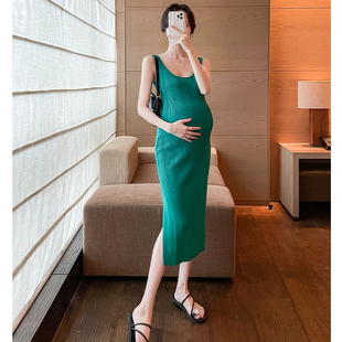 孕妇连衣裙夏装薄款针织绿色高级感弹力，辣妈修身背心，裙开衫套装女