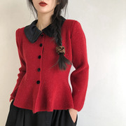 娃娃领针织开衫毛衣外套女宽松慵懒风设计感收腰显瘦外穿红色上衣