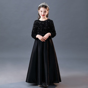 2023冬季黑色儿童演出礼服女童合唱长袖晚礼服钢琴演奏服公主裙新