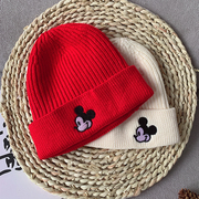 婴儿帽子秋冬大红色六个月宝宝针织帽卡通一周岁帽韩版毛线帽洋气
