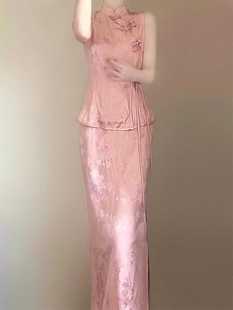 2024夏季一套时尚新中式，国风套装御姐气质高级感粉色盘扣连衣裙子