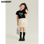 senbaby童装女童t恤女宝宝，夏季套装中大童蝴蝶结，短袖上衣+灯笼裙