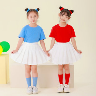 六一儿童演出服幼儿园彩色t恤白色百褶裙班服女童套装跳舞服