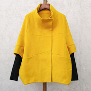 立领羊毛呢短外套，2024年春季韩版短款，宽松大码蝙蝠羊毛呢大衣
