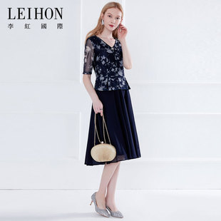 LEIHON/李红国际商场同款夏季印花网纱雪纺裙V领假两件连衣裙