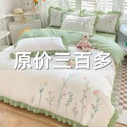 韩式花边床上用品四件套水洗棉，床单被套田园，公主风刺绣被罩床笠罩