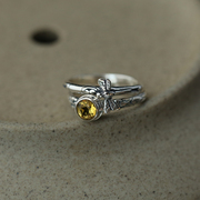 蜻蜓点水。s925纯银手工，饰品雕花镶嵌黄水晶圆形开口戒指指环