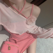 纯欲风粉色甜辣套装裙，春季长袖t恤罩衫花朵仙美吊带连衣裙女