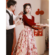 敬酒服新娘酒红色平时可穿订婚连衣裙复古长袖高端大气红裙子礼服