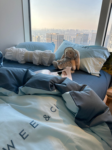 ins民宿公寓天蓝色床单被套床上用品四件套全棉1.5m1.8米纽扣枕套