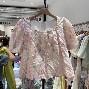 韩版甜美风2024女装夏季小清新碎花泡泡袖方领衬衫粉色娃娃衫