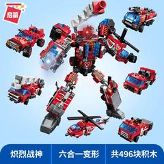 启蒙积木1416炽烈战神六合一拼装玩具超合金工程机甲机器人超级变