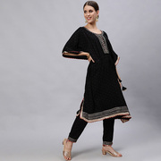 印度进口服饰黑色蝙蝠衫含裤子纯棉印花刺绣宽松舒适2件套 17040